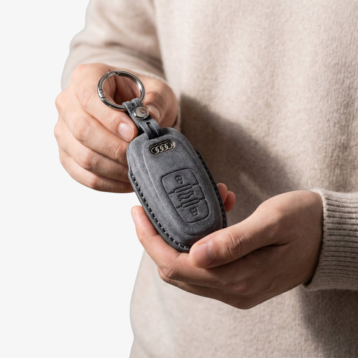 Alcantara Car Key Fob Cover for Audi Model C with Buckle - Space Grey - Alcanside