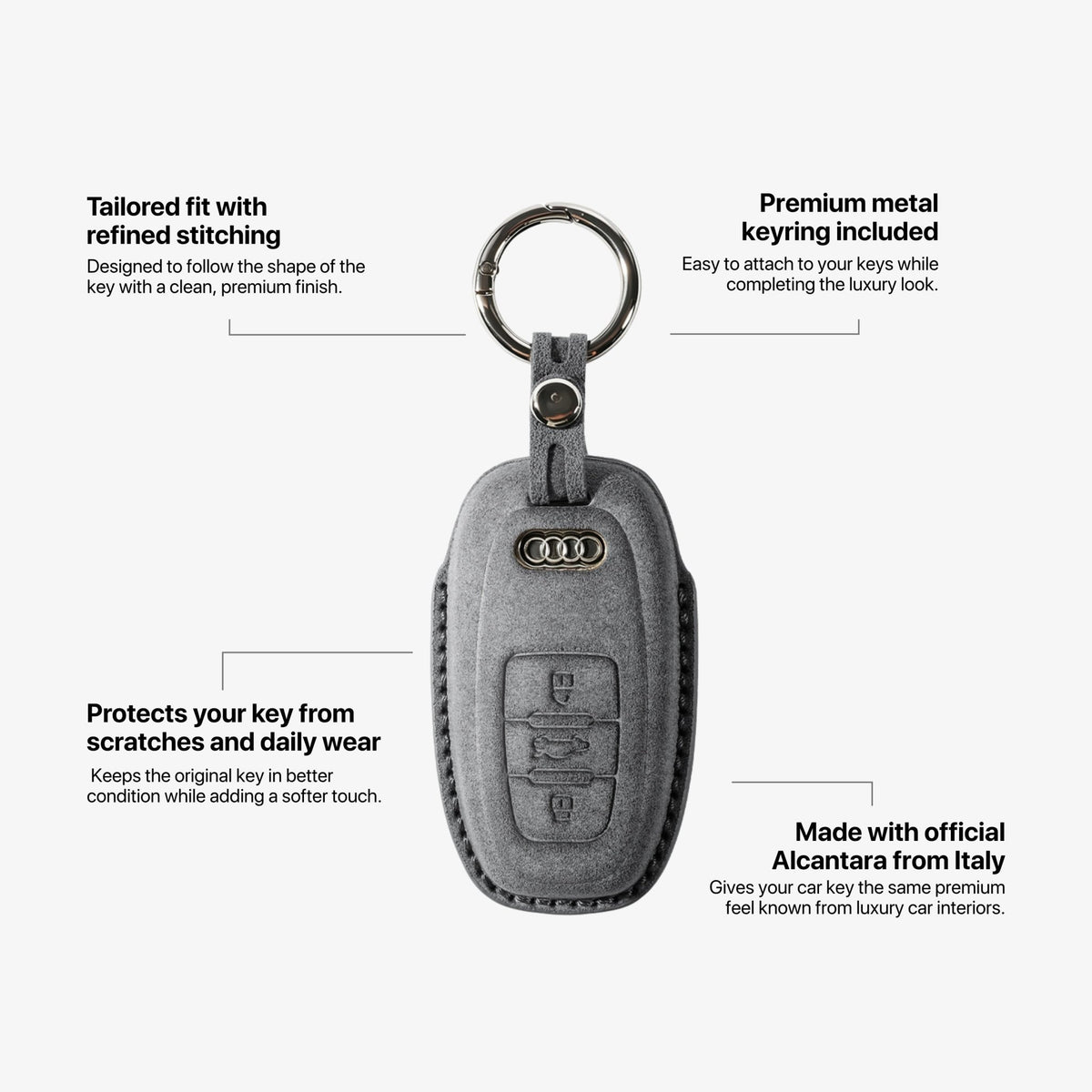 Alcantara Car Key Fob Cover for Audi Model C with Buckle - Space Grey - Alcanside