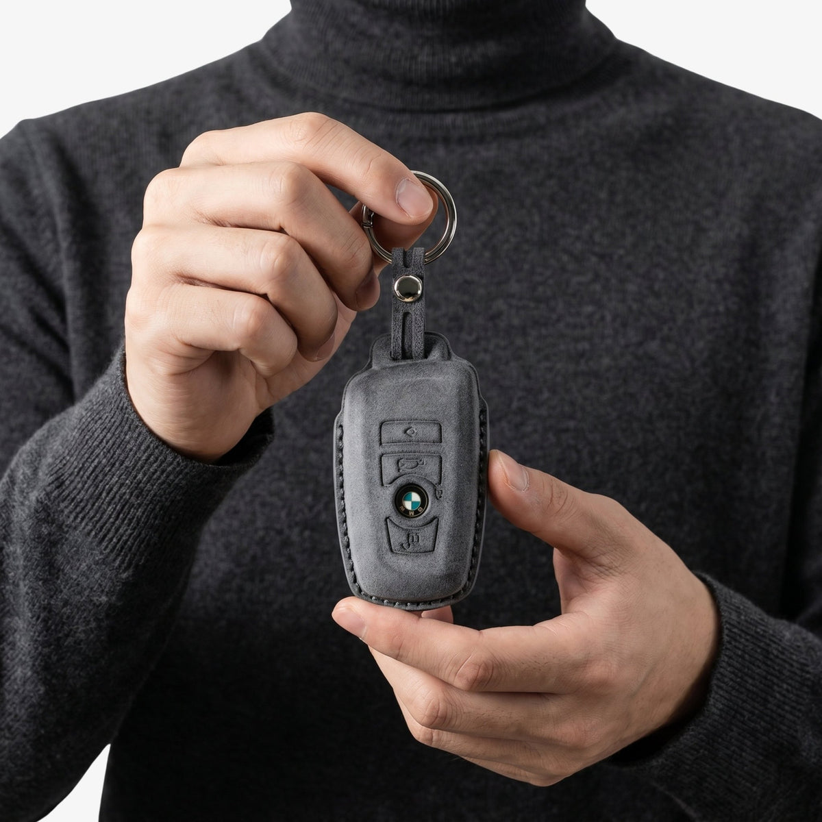 Alcantara Car Key Fob Cover for BMW Model A with Buckle - Space Grey - Alcanside