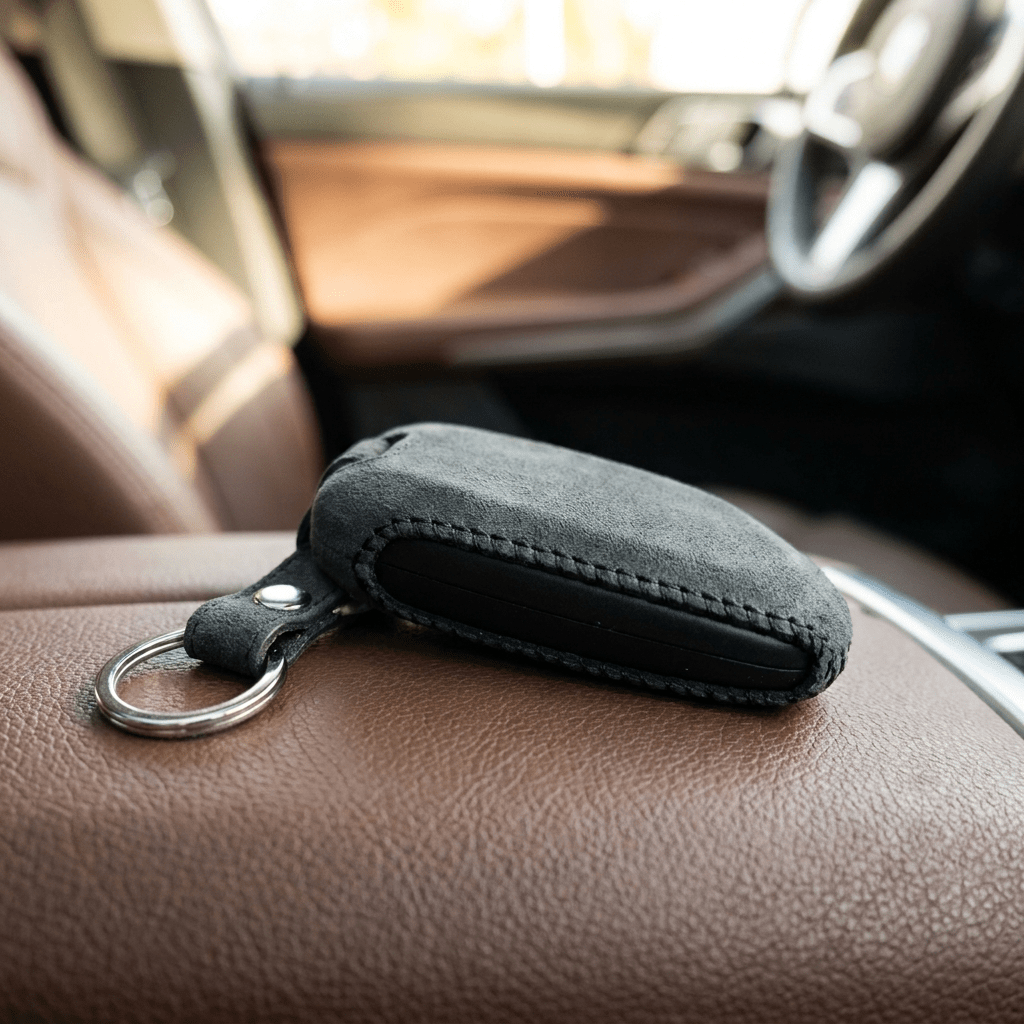 Alcantara Car Key Fob Cover for BMW Model A with Buckle - Space Grey - Alcanside