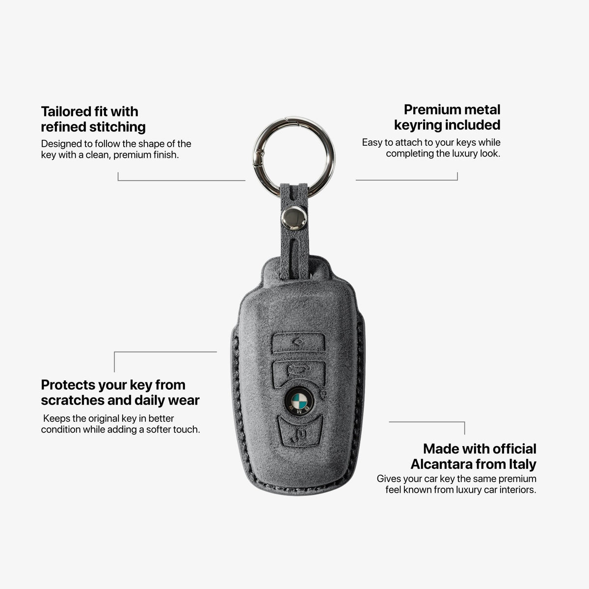 Alcantara Car Key Fob Cover for BMW Model A with Buckle - Space Grey - Alcanside