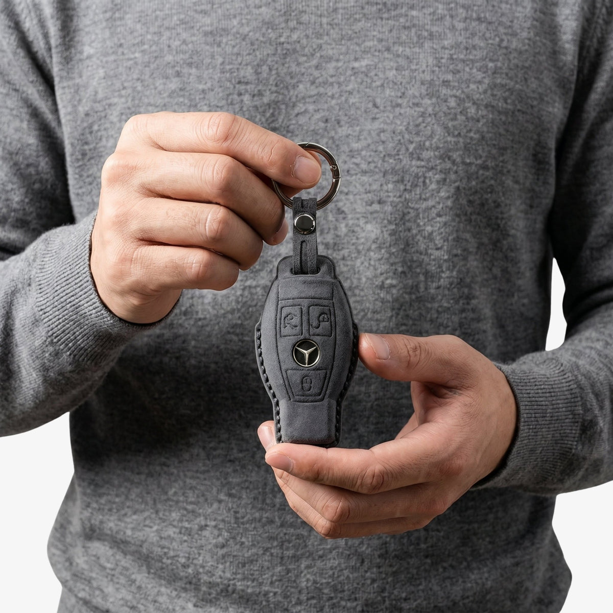 Alcantara Car Key Fob Cover for Mercedes -Benz Model B with Buckle - Space Grey - Alcanside