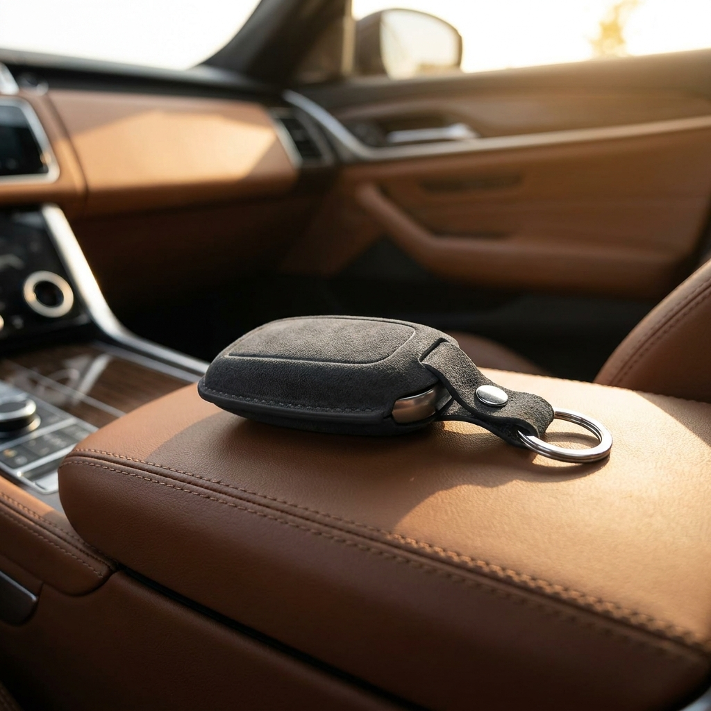 Alcantara key fob cover on a premium car interior