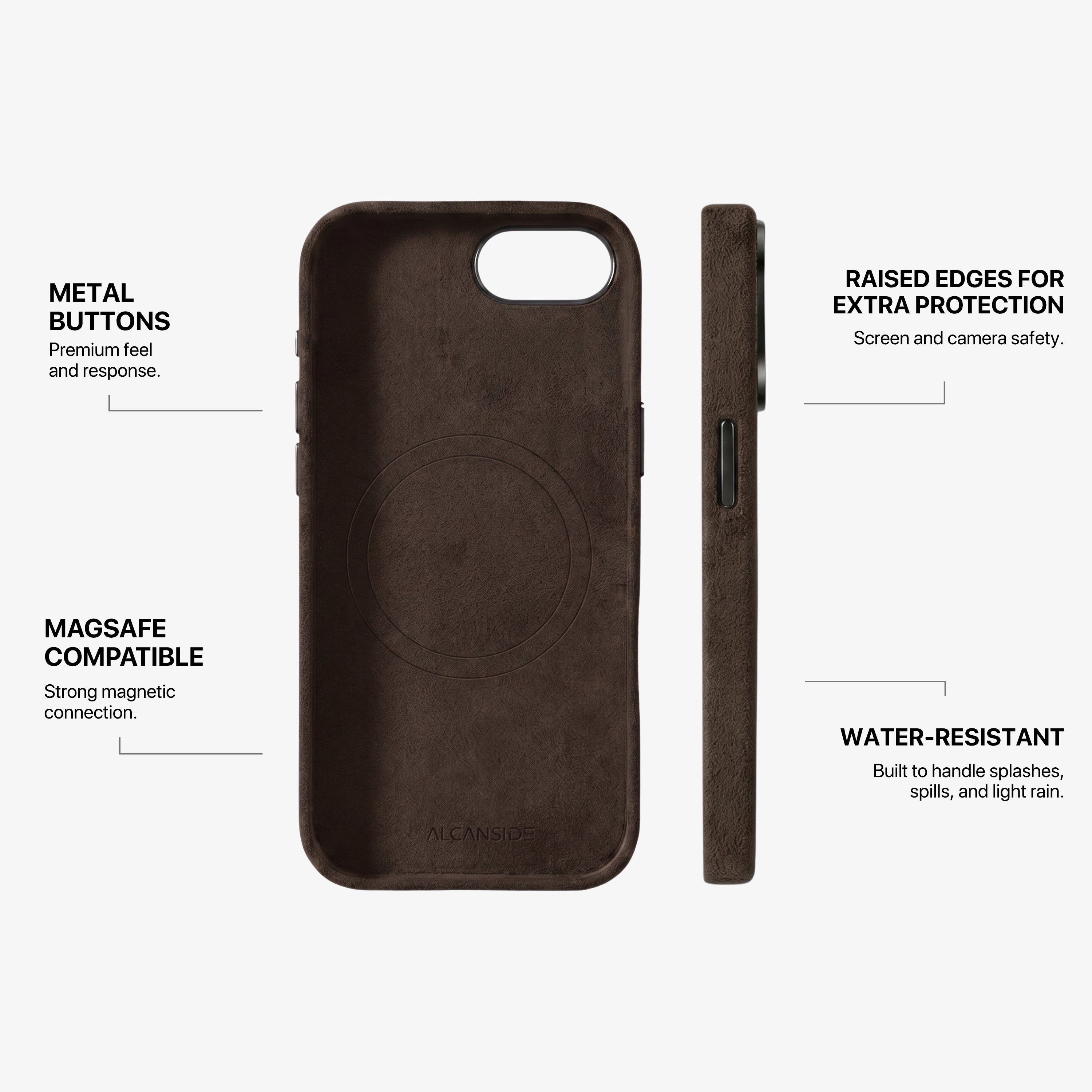 iPhone 17e Alcantara® Case features: metal buttons, raised edges, MagSafe, water-resistant